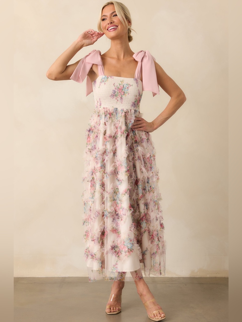 In February As Luck Would Have It Floral Ruffle Mesh Maxi Dress Pink Size M
